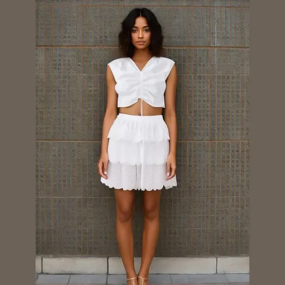 Brand New Jason Wu Scalloped Tiered Eyelet Mini Skirt I’m White Size 2 - Picture 3 of 12